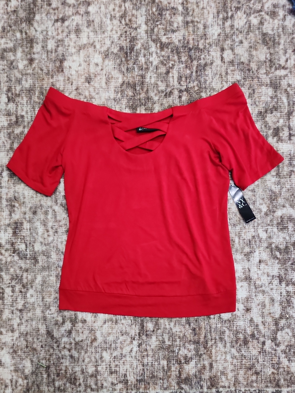 New York & Co Off The Shoulder Red Short Sleeve Crisscross Front Top